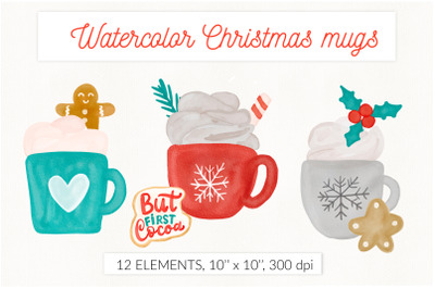 Watercolor Christmas mugs clipart. Sublimation Christmas