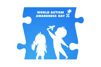 Autism awareness day. World problem&2C; kids silhouettes in puzzle pieces