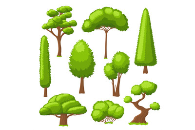 Forest tree collection. Simple trees, green environment isolated eleme