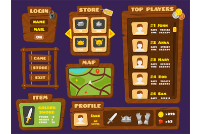 Ui game elements. Cartoon wood interface, buttons and arrows. Mobile p