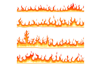 Fire seamless pattern. Cartoon blaze, hot flames borders lines. Hell e