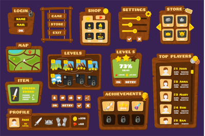 Ui game buttons. Gaming kit panels and buttons, games app elements. Mo