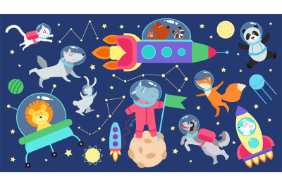 Space animals set. Kid planets&2C; flat cartoon animal astronauts. Cute c