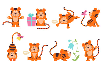 Cute tiger characters. New year tigers baby, chinese symbol. Isolated