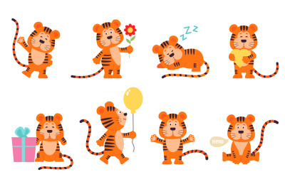 Cartoon tiger. Striping red little tigers, funny children wild charact