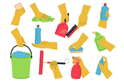 Hands holding cleaning elements. Wipe clean, hand hold cloth and brush
