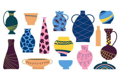 Ceramic vases. Antique vase, ancient pottery icons. Earthenware pot an