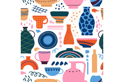 Ceramic tableware seamless pattern. Kitchen print, tea cup and vases.