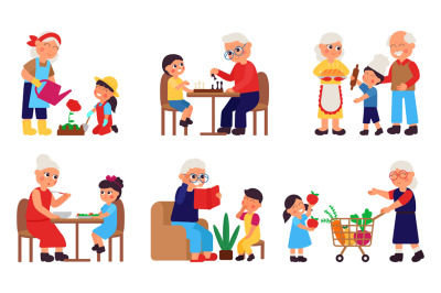 Children with grandparents. Cartoon grandparent spend time with grandc