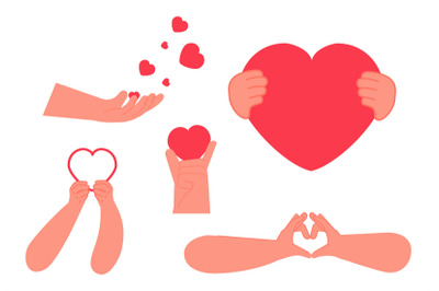 Hands holding hearts. Hand with red heart, romantic love. Volunteering