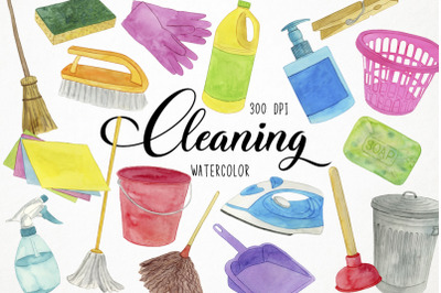Watercolor Cleaning Clipart, Cleaning Supplies Clipart, Home Chores