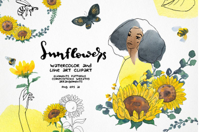 Watercolor sunflower png clipart, line art woman face