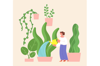 Watering home garden. Woman with water, green giant plants in pots. Ga