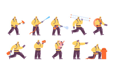 Fireman characters. Firemen work, professional fire suit. Firefighter