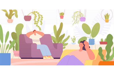 Home garden. Apartment interior with plants, woman relaxing. Modern ro