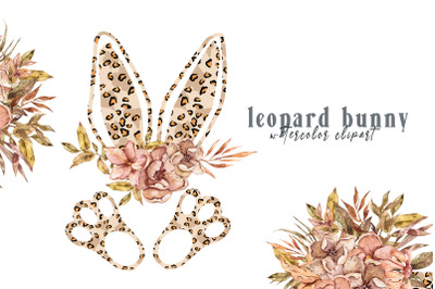 Watercolor Leopard floral Easter bunny clipart- 1 PNG FILE