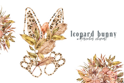 Watercolor Leopard floral Easter bunny clipart- 1 PNG FILE