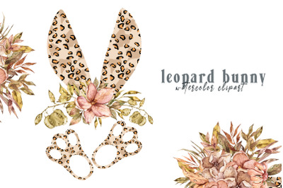 Watercolor Leopard floral Easter bunny clipart- 1 PNG FILE