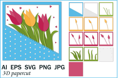 Postcard template with tulips, paper clipping, SVG