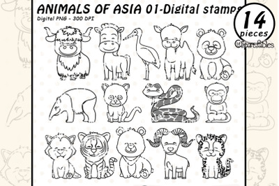 Cute ASIAN animals digital stamps PANDA art line