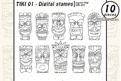 Cute TIKI MASK digital stamps, Polynesian culture