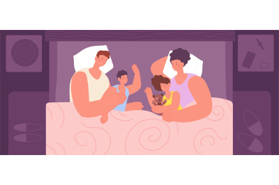 Family sleep. Parents sleeping with children in bed, night parenthood