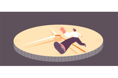 Fast lifetime. Woman hurries, jumps over clock arrow. Deadline concept