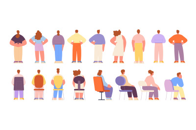 People in different poses. Backs characters, isolated standing and sit