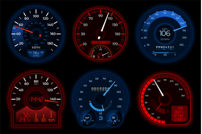 Car speedometers. Racing speedometer, speed scales in auto. Car dashbo