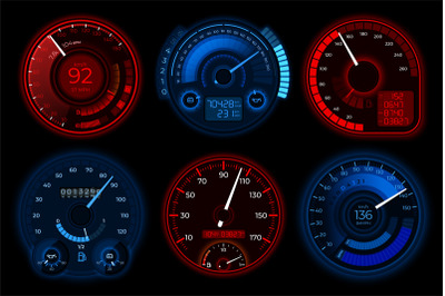 Speedometer. Auto speedometers, car boost dashboard. Isolated circle a