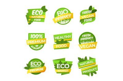 Eco product sticker. Organic tag, vegetables nature labels. Healthy bi