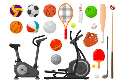 Cartoon sport equipment. Ball collection, flat balls and racket, golf