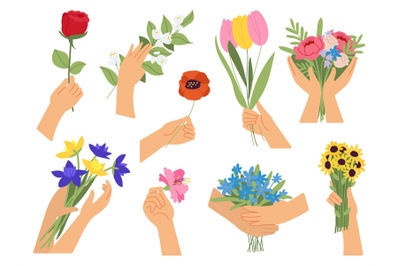 Hands holding flowers. Flower bouquet in women hand, cartoon blossom s