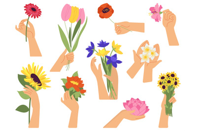 Flowers in female hands. Hand holding bouquets, spring summer garden f