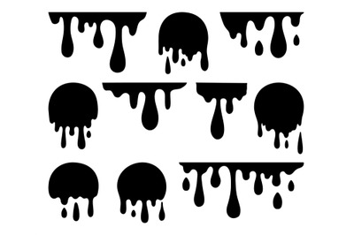 Isolated dripping paint. Melted drip&2C; black drops. Liquid graphic ink