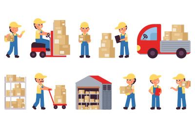 Flat warehouse. Factory truck, logistic operator and cute delivery tea