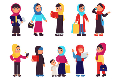 Arab woman characters. Muslim women, arabic cartoon female crowd. Litt