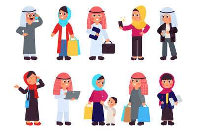 Muslim characters. Saudi women, casual arabian traditional people. Iso