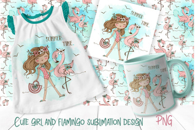 Cute Girl and Flamingo Sublimation design Png