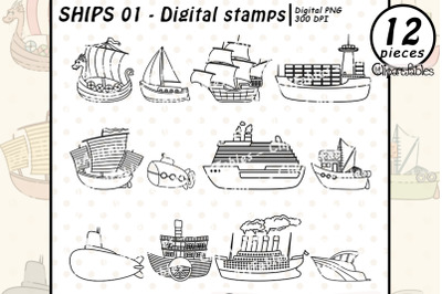 SHIP digital stamps, Boat, Yacht outline