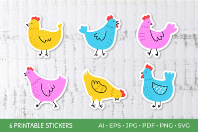 Cute Chicken Stickers, Printable Sticker Bundle