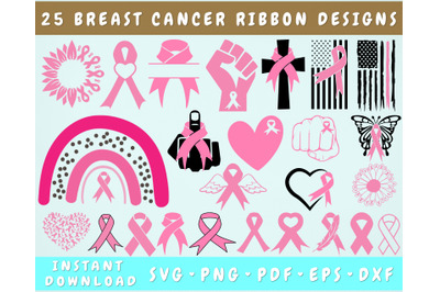 Breast Cancer Ribbon SVG Bundle, 25 Designs, Breast Cancer Clipart