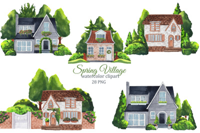 Spring village houses watercolor clipart, sweet home PNG, scene creator, house logo