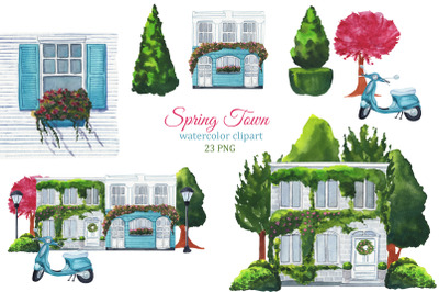 Spring town, watercolor house clipart, sweet home PNG, scene creator,