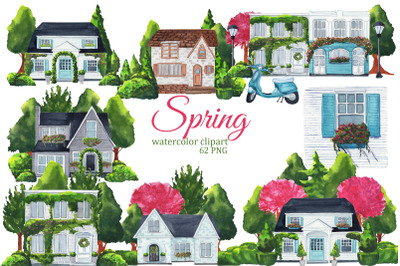 Watercolor houses clipart, spring town, summer village, house PNG, sce