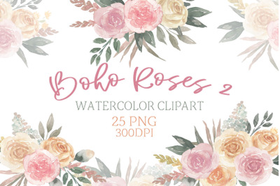 Watercolor Boho Roses ClipArt |Dusty bouquet Wedding png