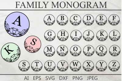 Family monogram svg, Round sign dxf, Circle last name cut