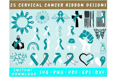 Cervical Cancer Ribbon SVG Bundle, 25 Designs, Cervical Cancer Clipart