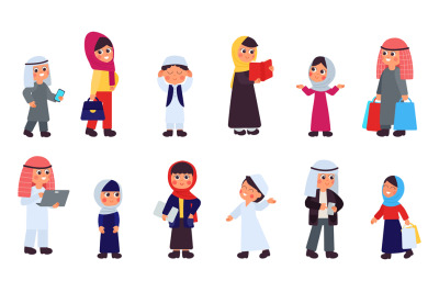 Arab family. Arabic son, saudi couple and single characters. Cartoon m