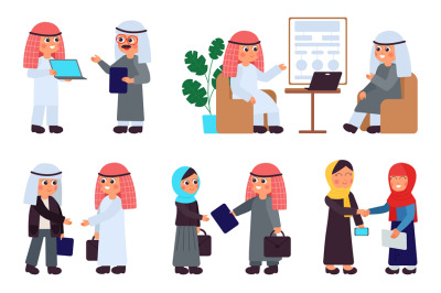 Arab business people. Arabic office characters, islamic teamwork. Isol